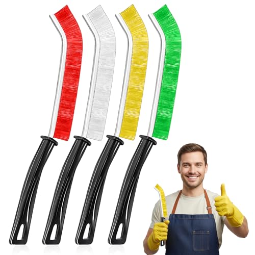 4 Pack Hard Bristle Crevice Cleaning Brush Set, Narrow Spaces Deep Reach Gap Scrub Tool with Long Handle for Household Use Kitchen Bathroom Sink Track, Mixing Colors - color: White + Yellow + Red + Green
