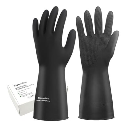 Thick Rubber Cleaning Gloves - 3 Pairs Black Rubber Gloves for Dishwashing Large, Non-Slip Kitchen Gloves for Washing Dishes, Reusable Cleaning Gloves, Waterproof, Heavy-Duty (3P,L) | Reusable & waterproof black/orange dual layers. Non-slip design for dis