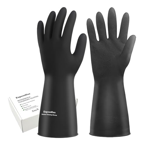 Thick Rubber Cleaning Gloves - 3 Pairs Black Rubber Gloves for Dishwashing Large, Non-Slip Kitchen Gloves for Washing Dishes, Reusable Cleaning Gloves, Waterproof, Heavy-Duty (3P,L) | Reusable & waterproof black/orange dual layers. Non-slip design for dis