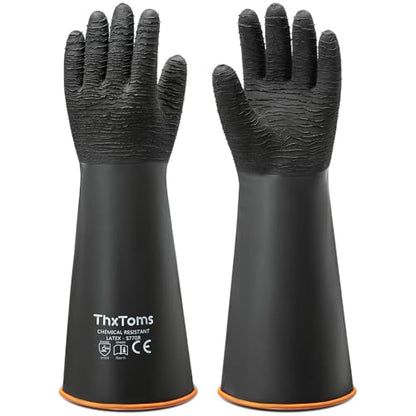 ThxToms Heavy Duty Rubber Gloves, Industrial Chemical Resistant Gloves Waterproof Reusable Protective Work Gloves for Cleaning, Dishwashing,Upgraded with Non-Slip Design, Black, 18" 1 Pair - color: 18"