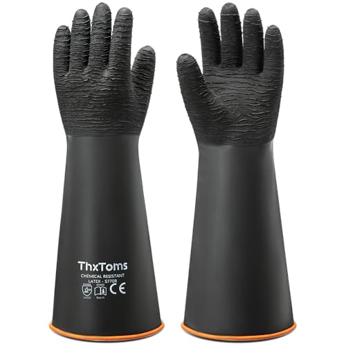 ThxToms Heavy Duty Rubber Gloves, Industrial Chemical Resistant Gloves Waterproof Reusable Protective Work Gloves for Cleaning, Dishwashing,Upgraded with Non-Slip Design, Black, 18" 1 Pair - color: 18"