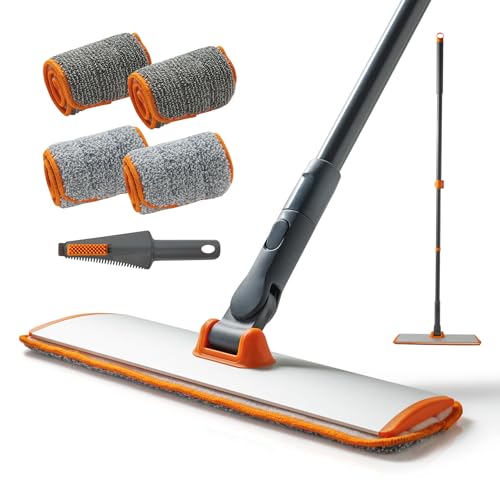 CLEANHOME Microfiber Mop Floor Dust Mop with Extendable Long Handle, Flat Mop with 4 Reusable Pads and 1 Dirt Removal Scrubber, Suitable for Home Kitchen Bathroom Living Room Cleaning | Telescopic Aluminum Flat Mop with Dust, Polish & Wet Wash Functions,&