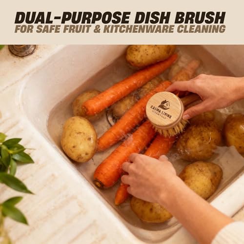 Bamboo Scrub Brush with Handle – Soft Sisal Bristles, Non-Toxic Dish Brush, Compostable & Biodegradable, Bamboo Dish Scrubber for Cookware, Bowls, Plates & Non-Stick Pans