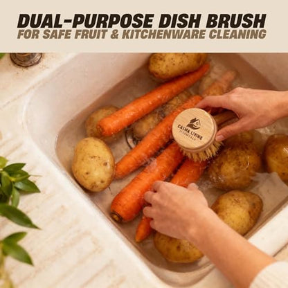 Bamboo Scrub Brush with Handle – Soft Sisal Bristles, Non-Toxic Dish Brush, Compostable & Biodegradable, Bamboo Dish Scrubber for Cookware, Bowls, Plates & Non-Stick Pans