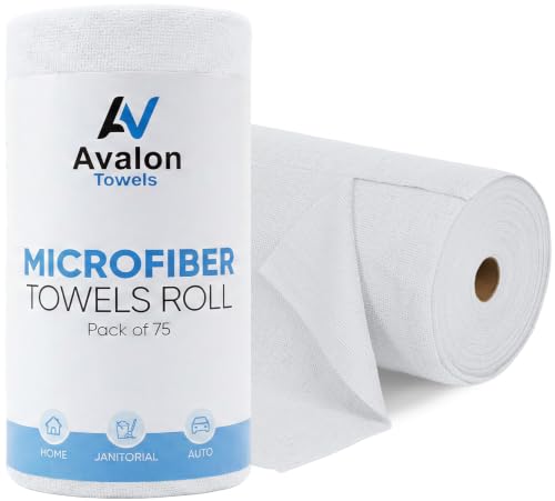 Avalon Towels Microfiber Cleaning Cloth Roll (Value Pack of 75) - Size 12x12 Inches, Tear Away Microfiber Towel Rolls, Highly Absorbent, Reusable, Lint and Streak Free Cleaning Rags for Home - color: White