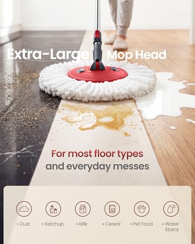 SONGMICS Spin Mop and Bucket Set with Pedal Wringer, Floor Cleaning Mop, Adjustable Telescopic Handle, Max. 59.1-Inch Length, 360° Rotating Head, 2 Microfiber Pads, Gray and Red ULMB002GT02 - color: Gray + Red, size: 2 Pads