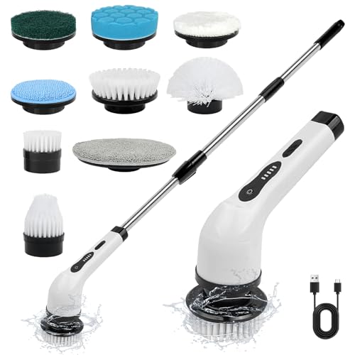 Cordless Electric Spin Scrubber, 360 Rotating Handheld Bathroom Scrubber with 9 Replaceable Cleaning Brush Heads 90Mins Work Time for Cleaning Kitchen,Tile,Tub Floor,Sink,Window,Stove(White) - color: White
