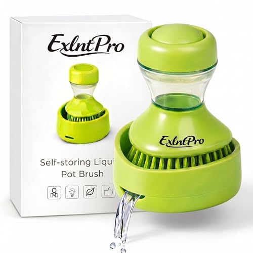 ExlntPro-Upgraded Dish Brush with Soap Dispenser, Kitchen Scrub Brush with Holder & Drain Tray, Refillable Soap Dispensing Dish Scrubber for Pots, Pans & Sink Cleaning