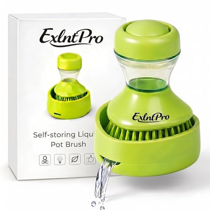 ExlntPro-Upgraded Dish Brush with Soap Dispenser, Kitchen Scrub Brush with Holder & Drain Tray, Refillable Soap Dispensing Dish Scrubber for Pots, Pans & Sink Cleaning