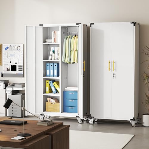 Broom Closet Storage Cabinet, Metal Cleaning Cabinets with Hanging Rod and S-Hooks, Lockable Tool Cabinets, Utility Cabinet for Garden, Bathroom, Laundry Room, White - color: White