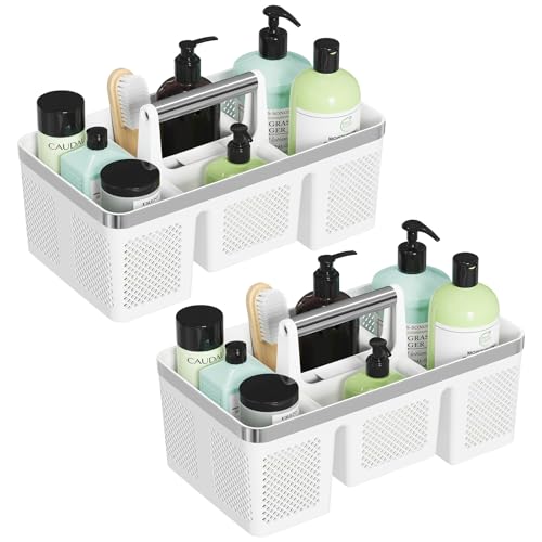 BYUNER 2Pack Plastic Shower Caddy: Portable Shower & Bathroom Caddy Tote with Handle, 4 Divided Compartments, Hard Plastic Shower Basket with All-Side Drainage for College Dorm Room Essentials - color: 2pc White/Silver