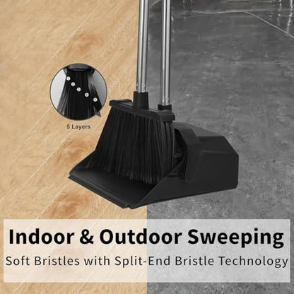 Tiumso Upgrade Broom with Dustpan Combo Set, Broom and Dustpan Set with 51'' Long Handle, Large Upright Brooms and Dust Pans, ZeroGap Lip, Self-Cleaning Dustpan Teeth for Lobby and Restaurant - Black - color: Black