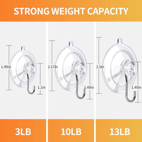 KORCCI Suction Cup Hooks 16Pack Assorted Size- 6 Small 8 Medium 2 Large, Clear Suction Cup, Stainless Steel Hook, No Trace, Reusable & Removable, for Tile, Glass, Window, Shower, Kitchen, Bathroom - size: 16pc-Assorted Size