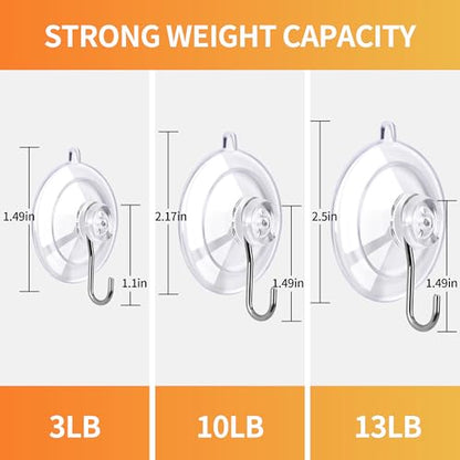 KORCCI Suction Cup Hooks 16Pack Assorted Size- 6 Small 8 Medium 2 Large, Clear Suction Cup, Stainless Steel Hook, No Trace, Reusable & Removable, for Tile, Glass, Window, Shower, Kitchen, Bathroom - size: 16pc-Assorted Size