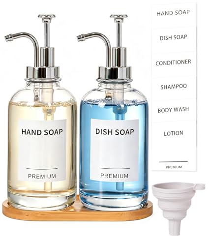 Dish Soap Dispenser for Kitchen, Hand Glass Soap Dispenser Set with Pump, Tray, Funnel for Bathroom, Shower, Laundry, Liquid, Lotion (Silver 2 Pack 18 Oz Clear Bottles with 12 Stickers) - color: Silver, size: 18Oz