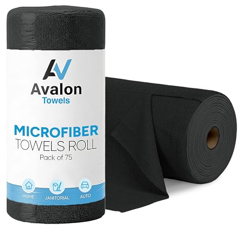 Avalon Towels Microfiber Cleaning Cloth Roll (Value Pack of 75) - Size 12x12 Inches, Highly Absorbent and Reusable Microfiber Towel Rolls, Lint and Streak Free Cleaning Cloths for Home - color: Black