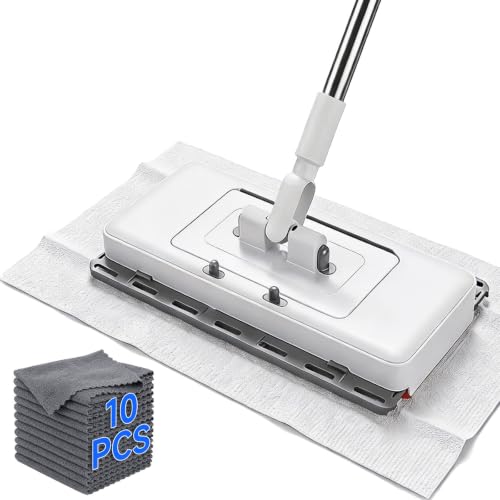 New Hands Free Multi Purpose Flat Mop with 10 Reusable Cloths | Convenient Cloth Changing, Compatible with Swiffer Pads, Hardwood Tile Marble Lightly Floor Cleaning, 52in Handle - size: 52 in large dust mop with 10 cloths