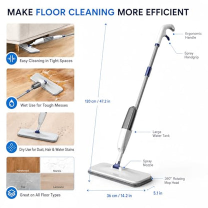 Rsefly Spray Mop for Floor Cleaning, 300 ml Refillable Bottle, 360° Swivel Head with Reusable Microfiber Pad, Lightweight Wet Dry Cleaner for Hardwood, Tile, Laminate and Marble