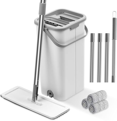Flat Floor Mop and Bucket Set with Wringer, Flat Mops for Floor Cleaning, Wall Mop Cleaner with Long Handle, Hardwood Floor Mop with 3 Microfiber Pads (F) - size: F