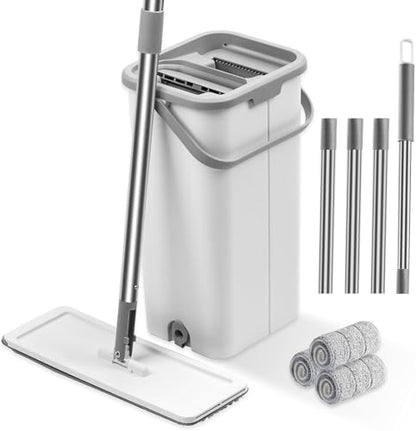 Flat Floor Mop and Bucket Set with Wringer, Flat Mops for Floor Cleaning, Wall Mop Cleaner with Long Handle, Hardwood Floor Mop with 3 Microfiber Pads (F) - size: F