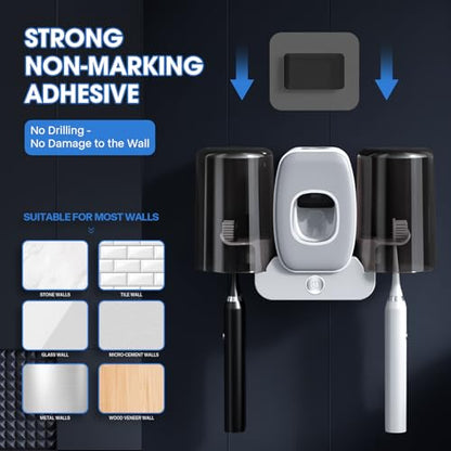 2 Cups Wall-Mounted Toothbrush Sterilizer Holder with Toothpaste Dispenser - 4 Slots,3 in 1 Toothbrush Cleaner, No Drilling, USB Charging, Ideal for Family Bathroom (Grey-Double Cup) - color: Grey-double Cup