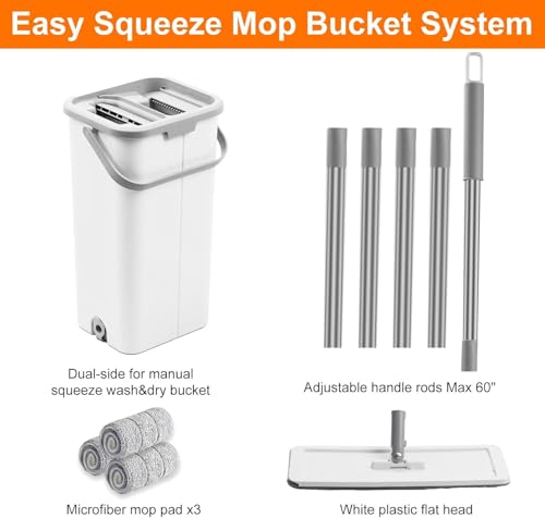 Flat Floor Mop and Bucket Set with Wringer, Flat Mops for Floor Cleaning, Wall Mop Cleaner with Long Handle, Hardwood Floor Mop with 3 Microfiber Pads (F) - size: F