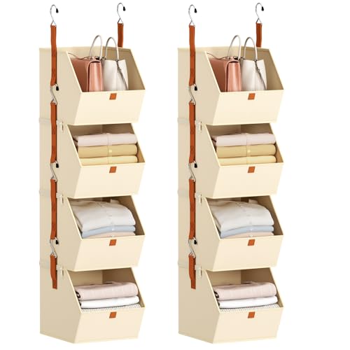 Homsorout Hanging Closet Organizer 4 Tier - Clothes Hanging Shelves, Space-Saving Closet System, Fabric Storage Bins Bedroom Organization, Collapsible Baskets for Home, Dorm, Rv, Beige, 8 Pack - color: Beige, size: 8 shelves