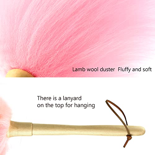 Lambswool Duster 14'' Length Solid Wooden Handle Leather Hang Strap for Cleaning Ceiling Fans Window Blinds Computer Furniture Figurines TV Natural Feather Duster,Pink - color: Pink, size: 14 Inch