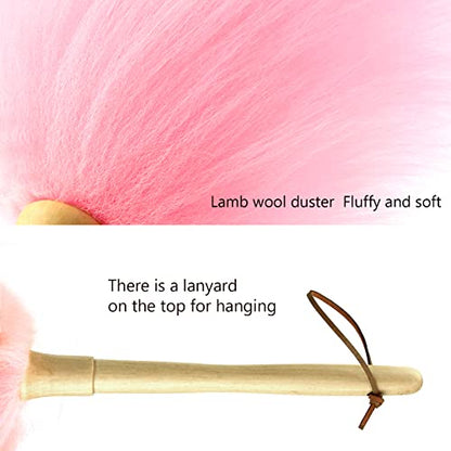 Lambswool Duster 16'' Length Solid Wooden Handle Leather Hang Strap for Cleaning Ceiling Fans Window Blinds Computer Furniture Figurines TV Natural Feather Duster,Pink - color: Pink, size: 16 Inch