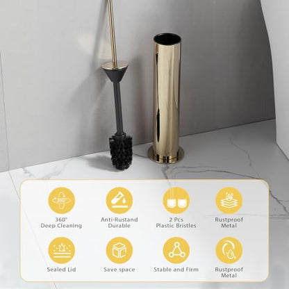 BGL Toilet Brush and Holder Set, Heavy Duty 304 Stainless Steel, Round Base and Long Handle for Bathroom Deep Cleaning, Drip-Proof, Space Saving for Storag, Polished Gold - color: Gold