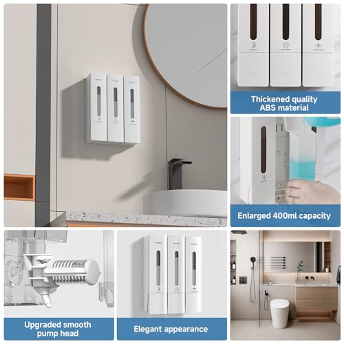1984 Shower Soap Dispenser Bathroom Set Shampoo Conditioner Body Wash Dispenser Wall Mounted Shower Shampoo Dispenser 3 Chamber No Drill for Home Star Hotel 3 x 400ml White - color: White 3