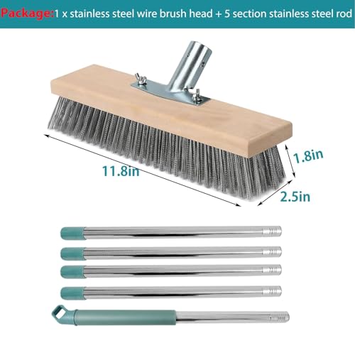 Stainless Steel Deck Scrub Brush with Long Handle, Heavy Duty Floor Scrubber Moss Remover Concrete Wire Bristle Brush for Cleaning Yard Broom Outdoor Metal Patio Scrubbing Brush