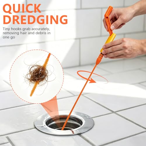 6-Pack Reusable Drain Snake Hair Clog Remover Tools, 5 x 18-Inch Flexible Snakes with 1 Rotating Handle, for Bathroom Sinks & Shower Drains