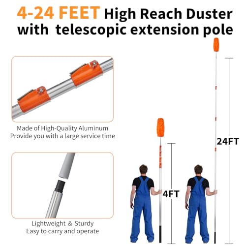 Outvita 26FT High Reach Duster Kit with 4-24FT Aluminum Extension Pole, Window Cleaning Squeegee ＆ Cleaner Kit, Cobweb Feather and Ceiling Fan Duster for High Ceiling