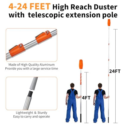 Outvita 26FT High Reach Duster Kit with 4-24FT Aluminum Extension Pole, Window Cleaning Squeegee ＆ Cleaner Kit, Cobweb Feather and Ceiling Fan Duster for High Ceiling