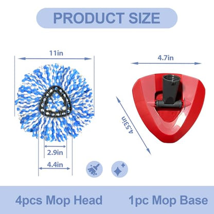 Replacement Mop Heads Compatible with 2-Tank RinseClean Spin Mop, 4 Pack Microfiber Mop Refills with Base Cover, Secure Fit, Machine Washable, Reusable for Hardwood Floor, Tile & Pet Hair