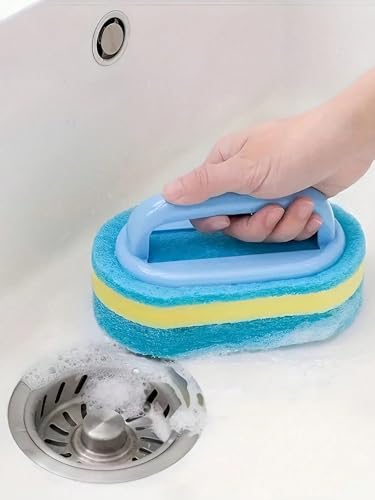 Ergonomic Long Handle Sponge Brush Set Durable Scouring 3 Pack Pad Shower Scrubber for Bathroom Bathtub Tile Grout Kitchen Sink Pot Cleaning Tool Non Scratch Heavy Duty Wand (Blue) - color: Blue