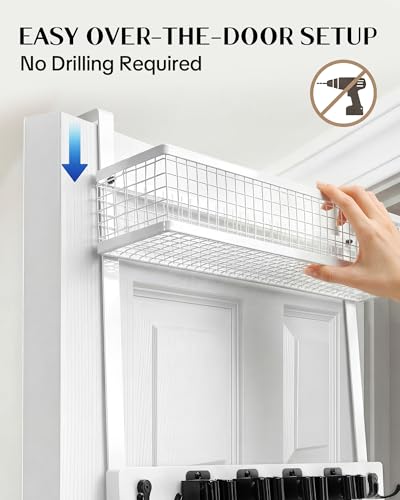 Lorbro Over the Door Broom Holder with Cleaning Supply Organizer, Wooden Mop and Broom Holder Wall Mount, 4 Grips, 4 Hooks, No-Drill Storage Rack, Mop Hanger for Laundry Room, Garage, Storage
