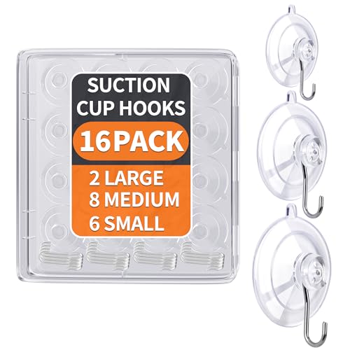 KORCCI Suction Cup Hooks 16Pack Assorted Size- 6 Small 8 Medium 2 Large, Clear Suction Cup, Stainless Steel Hook, No Trace, Reusable & Removable, for Tile, Glass, Window, Shower, Kitchen, Bathroom - size: 16pc-Assorted Size