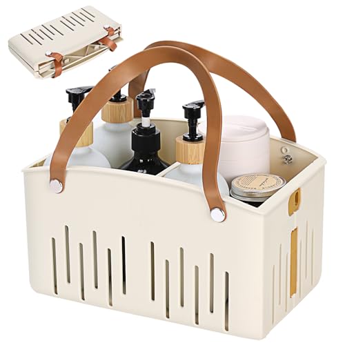 Portable Shower Caddy Collapsible Plastic Shower Basket Tote with Handles Removable Divider, Cleaning Caddy Storage Organizer for Bathroom College Dorm (White) - color: White
