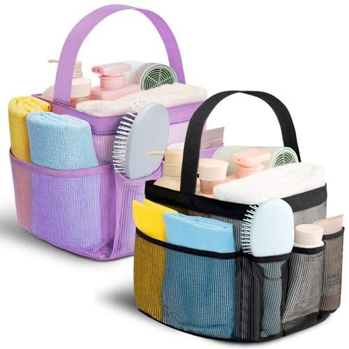 Mesh Shower Caddy for College Dorm Room Essentials for Girls with 9 Pockets,Large-Capacity Shower Basket,Quick Dry Toiletry Tote Bag,Outdoor Gym,Travel,Swim,Beach Camping Essentials-Black and Purple - color: Black & Purple