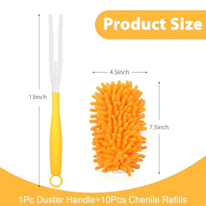 11-Pack Reusable Duster Kit – Heavy Duty Chenille Refills with Handle, 360° Microfiber Dusting for Home & Office (Orange)