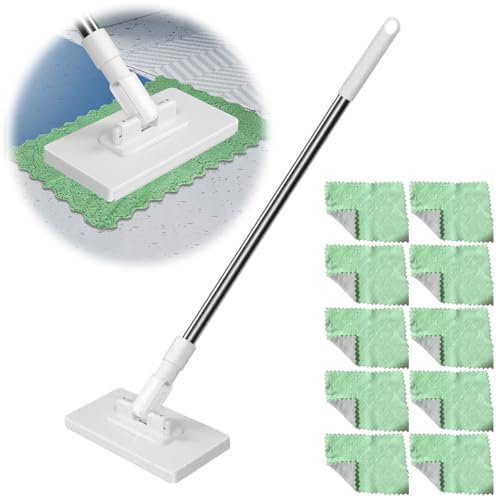 Mini Sweeper Mop, Reusable Clamp Mop with Stainless Steel Handle, Lazy Mops Clip On, Snap Grip Mini Mops for Hardwood Floors, Windows, Corners - color: B-mop+10 Cloth+yellow Glove