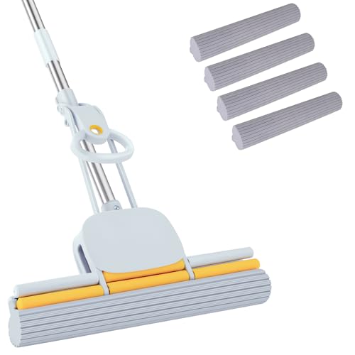 PVA Sponge Mops for Floor Cleaning Squeeze with 60" Long Handle (4 Pack)