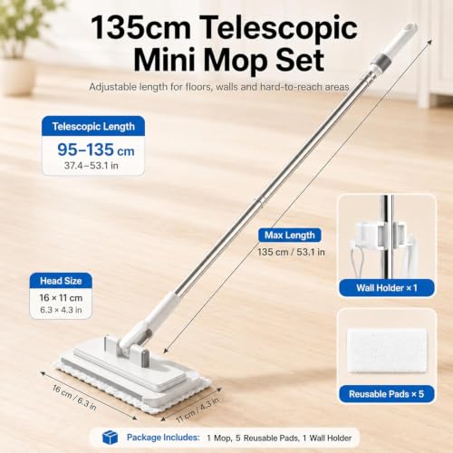 Hands Free Flat Mop with 5 Reusable Pads, One-Click Cloth Release, 53-Inch Extendable Stainless Steel Handle, Microfiber Mini Mop with Wall Holder for Hardwood, Tile, Bathroom, Kitchen and Glass