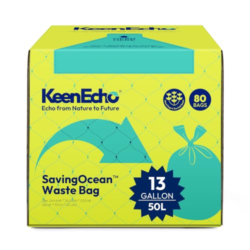 13 Gallon 80 Counts Small Green Trash Bags with Handle, Ocean Fishing Nets Upcycling, Sage & Sea Salt Scented, Plastic Garbage Bags, Waste Bag for Kitchen, Bathroom, Office and Pets - color: 13 Gal, size: 1 Dispenser Box(4 Rolls)