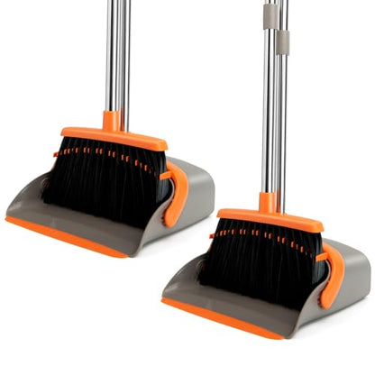 2-Pack Broom and Dustpan Set with Long Handle, Heavy Dust Broom and Dustpan Combo for Home，Kitchen, Office, Pet Hair(Gray Orange) - color: Gray Orange 2-pack