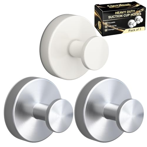 Suction Cup Hooks, Shower Hooks No Drill, Heavy Duty Wall Hooks for Hanging 15lbs, Reusable Waterproof Towel Hooks for Bathrooms Kitchen Glass Door Tile, Stainless Steel Hook Holder 3 Pack - color: 2 Silver 1 White, size: 3 Pack