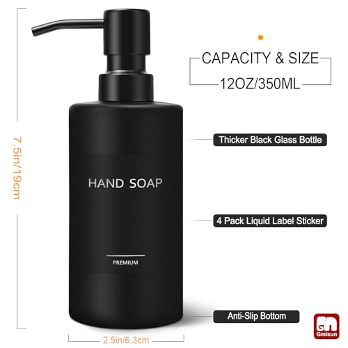 GMISUN Black Soap Dispenser, Hand Soap Dispenser Bathroom, Hand and Dish Dispenser Set for Kitchen, 12 fl oz/350ml Glass Liquid Soap and Lotion Dispensers with Stainless Steel Pump, 2 Pack Refillable - color: Black Bottle + Black Pump, size: 2 Pack - 12oz