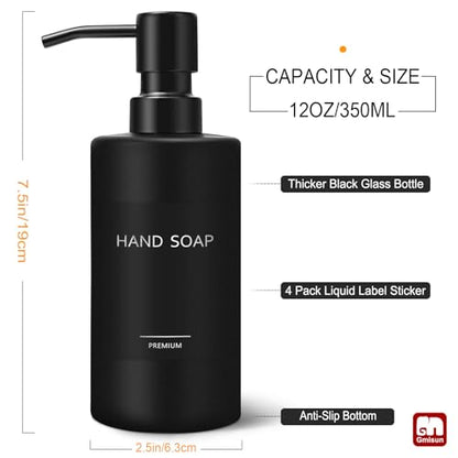 GMISUN Black Soap Dispenser, Hand Soap Dispenser Bathroom, Hand and Dish Dispenser Set for Kitchen, 12 fl oz/350ml Glass Liquid Soap and Lotion Dispensers with Stainless Steel Pump, 2 Pack Refillable - color: Black Bottle + Black Pump, size: 2 Pack - 12oz